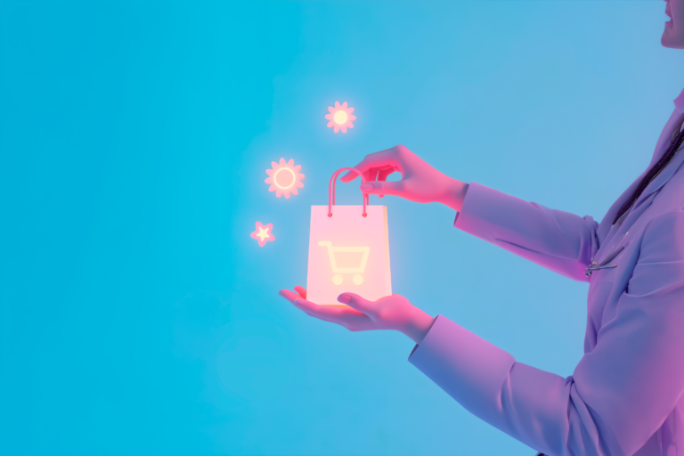 Mano sosteniendo una bolsa de compras digital iluminada con iconos de valoración para representar la retención de clientes en comercio electrónico.
